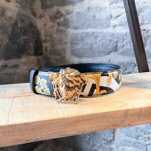 Versace Barocco Hibiscus Print Medusa Buckle Belt